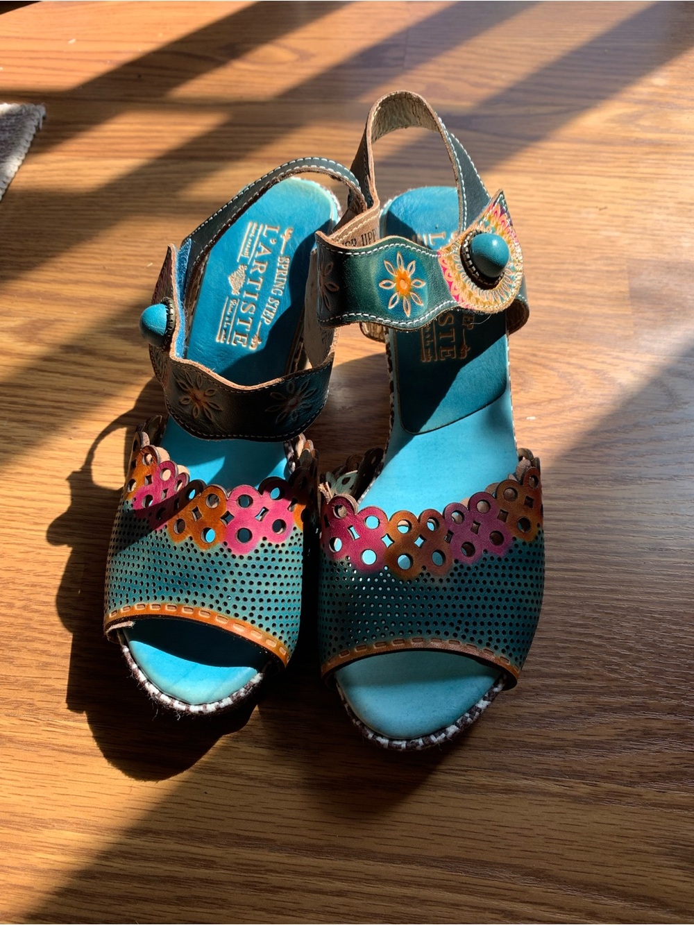 L'Artiste by Spring Step Teal Cutout Leather Sandals Multicolored Women Heels